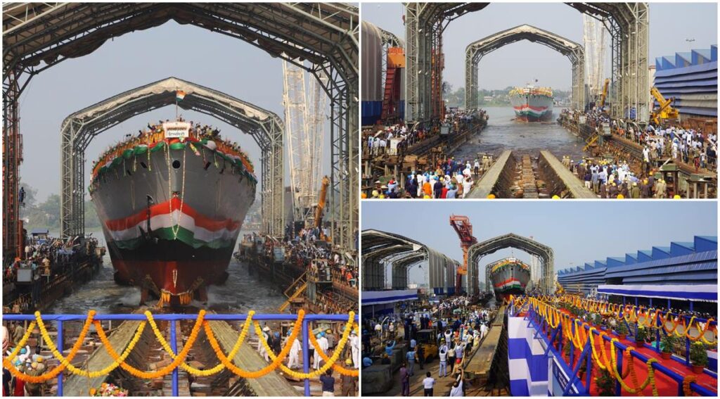 Dunagiri, a Project 17A frigate, launched into the Hooghly river today ...